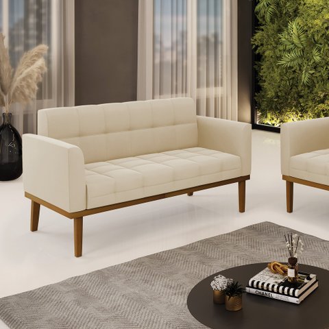 Poltrona Namoradeira Decorativa Karen Pés Fixo em Madeira Castanho Suede Bege G19 - Gran Belo