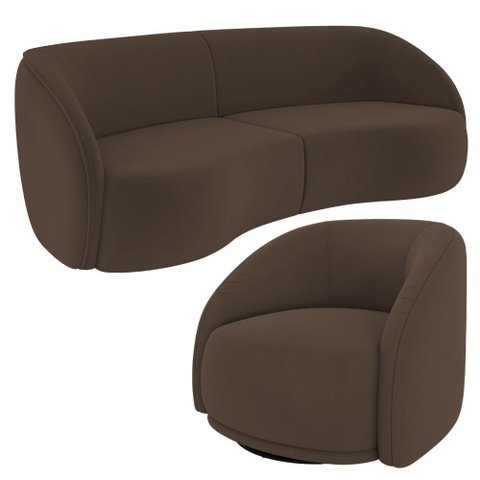 Kit Sofá 4 Lugares Eron 318cm com Poltrona Giratória Angelina M03 Veludo Marrom - Lyam Decor