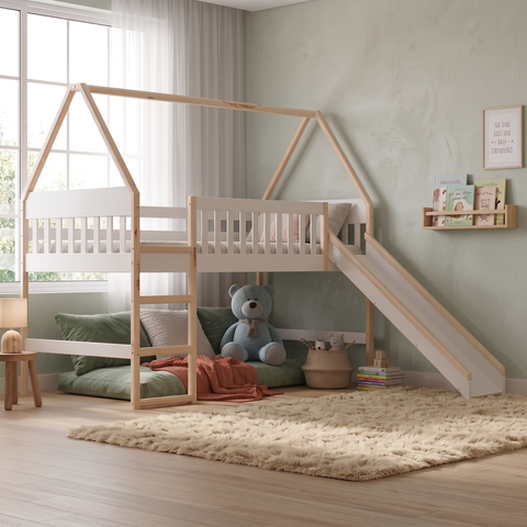 Cama Cabana Infantil Elevada com Escorregador em Madeira e MDF Branco