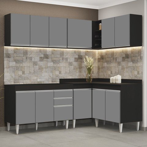Armário de Cozinha Modulado de Canto 6 Peças Cp28 Balcão sem Tampo Preto/cinza - Lumil Lumil Móveis