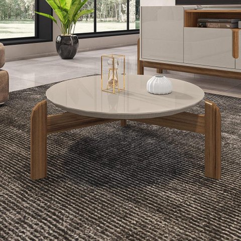 Mesa de Centro Lizz Redonda com Pés em Madeira Maciça Off White/cedro