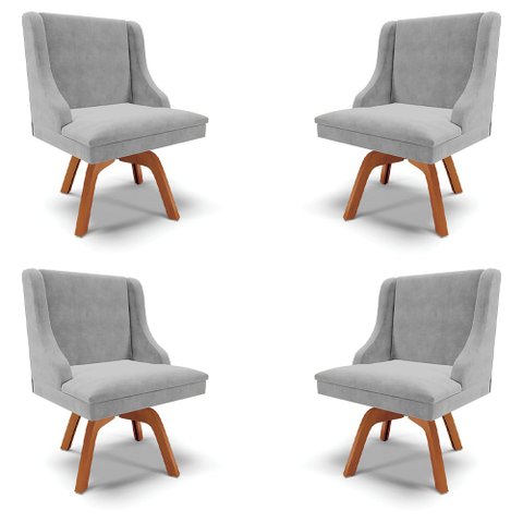 Kit 4 Cadeiras Decorativas Sala de Jantar Base Giratória de Madeira Firenze Suede Cinza/Natural G19 