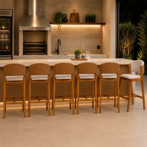 Kit 6 Banquetas Alta Madeira Maciça Encosto Estofado Linho Bancada Área Gourmet Movellu Home