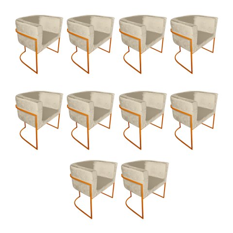 Kit 10 Poltronas Decorativa Sala de Estar Base de Ferro Cobre Veludo Bege