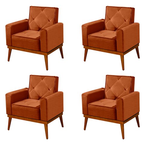 Kit 4 Poltronas Decorativa Florença Pés em Madeira Maciça Estofado Veludo - Laranja Terracota