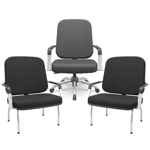 Kit Cadeira de Escritório Giratória e 2 Cadeiras Fixas Cromada Magno P03 Crepe Preto - Lyam Decor
