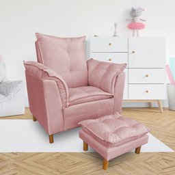 Kit Poltrona Amamentação Sara e Puff Veludo Neros Interiores - Rosa - 6