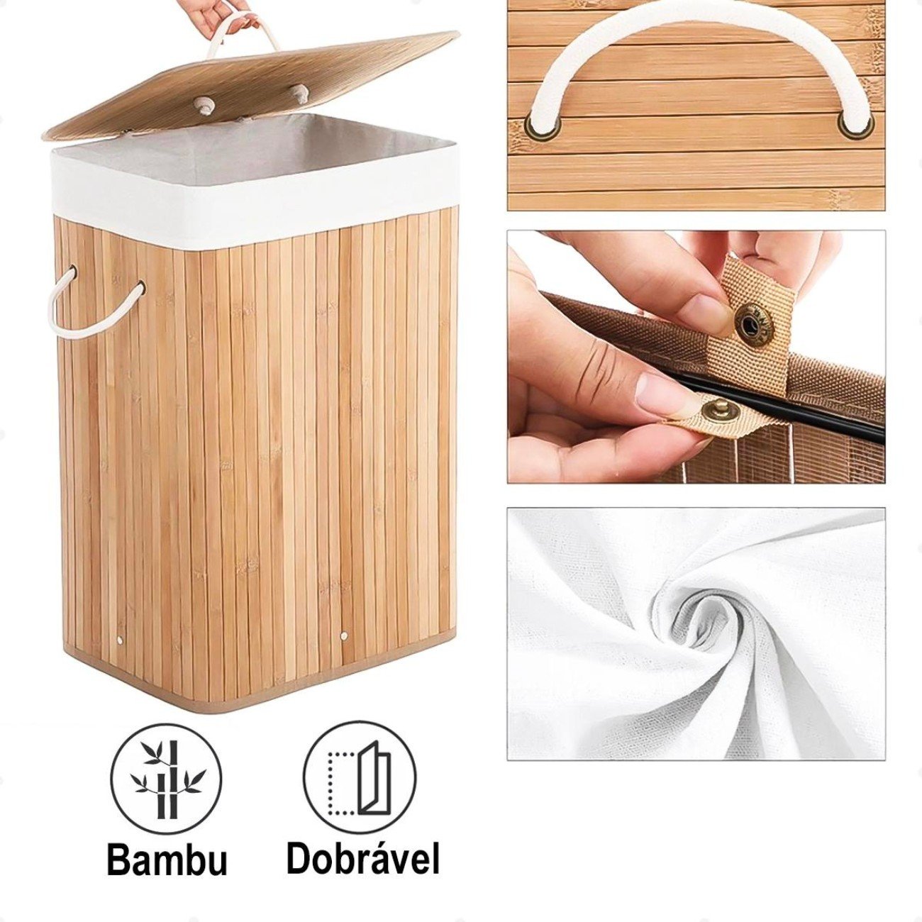 Cesto de Bambu Rústico Tampa Organizador Decorativo Multiuso Roupas Sujas Forrado Dobrável Ideal Lav - 6