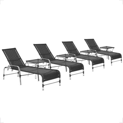 4 Espreguiçadeira Catar e 4 Mesa Garden Alumínio e Fibra Preto
