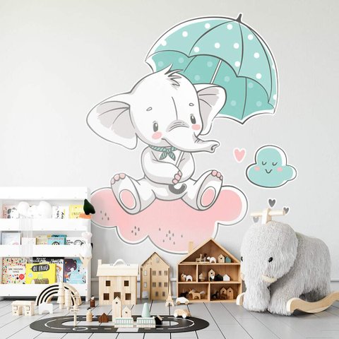 Adesivo de Parede Infantil Elefantinha com Guarda Chuva-Extra Grande 85x76cm