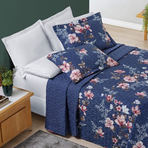Kit Colcha Casa Xique Casal Queen Size Nyla Kit Cobre Leito Dupla Face 200 Fios:AZUL