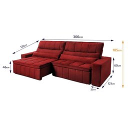 Sofá Retrátil Reclinável Supremo 3,00m Suede Velut Vermelho Molas no Assento - King House - 2