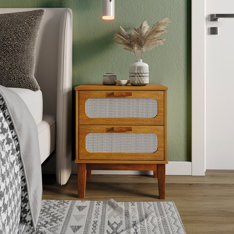 Mesa de Cabeceira para Quarto Estilo Retro Pés Madeira Maciça 2 Gavetas Santorini 45cm Nature Fosco