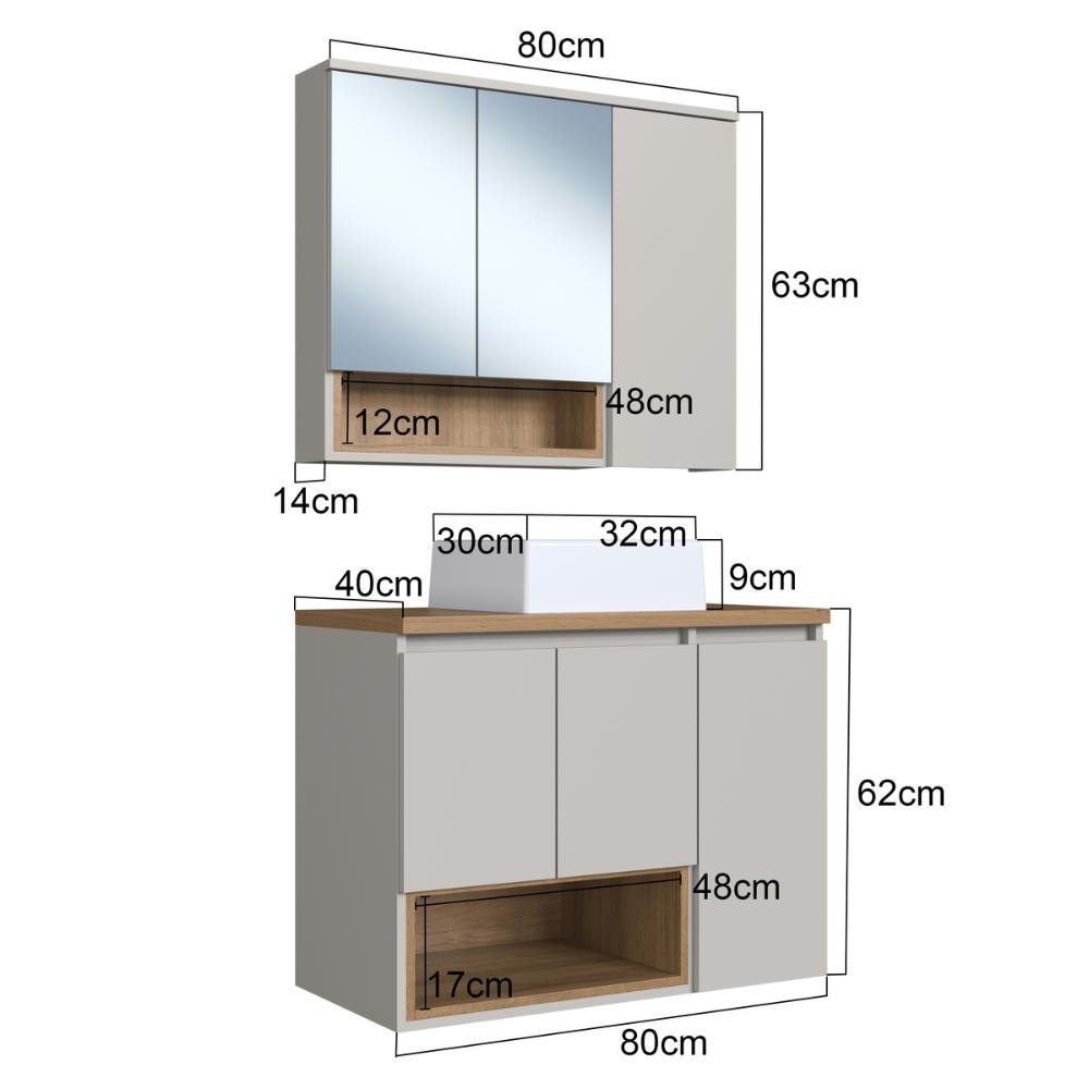 Gabinete de Banheiro 80cm Cecília com Espelheira 03 Portas e Um Nicho Mel/arenas com Cuba Branca - 4