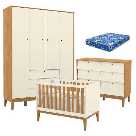 Quarto de Bebe Unique 4 Portas com Cômoda 6 Gavetas Off White Freijó Eco Wood e Colchão Ortobom - Ma