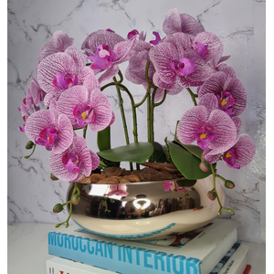 Arranjo Com 4 Orquídeas Violeta Vaso Dourado 28cm