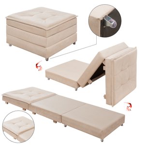 Puff que Vira Cama Solteiro com Rodinha com Bau Decoração para Sala Quarto Apartamento Estofado:bege