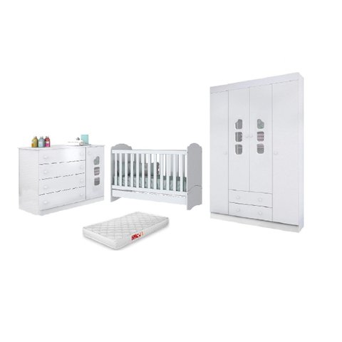 Quarto Infantil Aquarela Guarda-roupa Roupeiro e Cômoda Mdf, Berço Mini Cama Chuva de Amor Colchão
