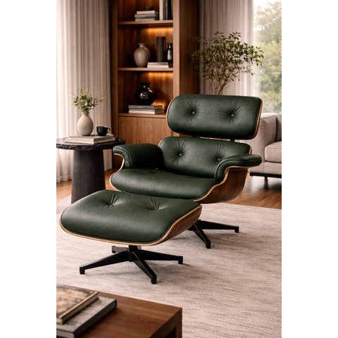 Poltrona Charles Eames com Puff - Couro Verde Militar 257 - Pau-Ferro