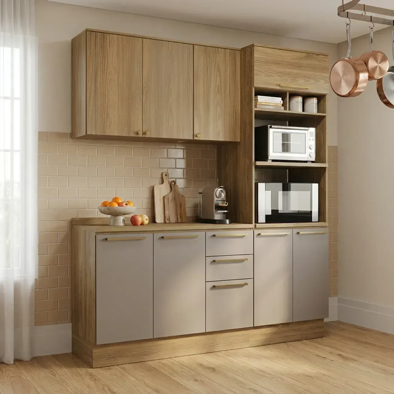 Cozinha Compacta 3 Peças com Torre Quente, Balcão com Tampo e LED Botanic Nogueira/Fendi Cinza