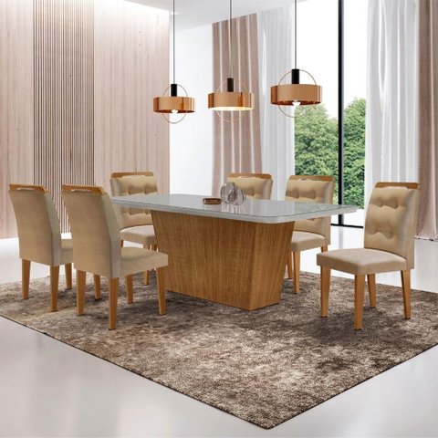 Mesa para Sala de Jantar Aida 180cm Mdf e 6 Cadeiras Moderna Vel. Marrom/off White/imbuia