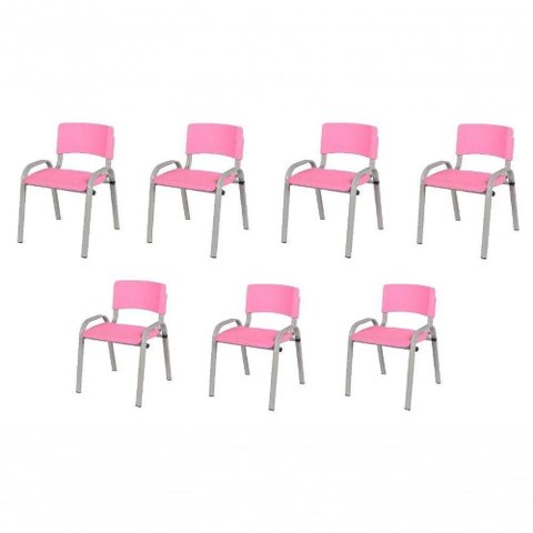 Kit 7 Cadeira Iso Infantil Creche, Base Cinza Rosa
