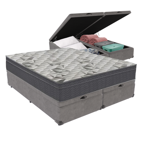 Cama Box Baú Bipartido Casal Cinza e Colchão Airtech 100 D33 Ortobom