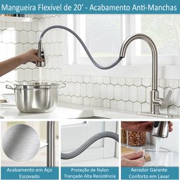 Torneira Gourmet para Cozinha com Ducha Extensível 50cm e Giro 360° + Monocomando Água Quente e Fria - 3