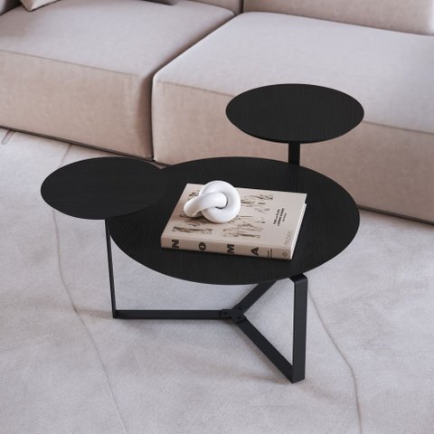 Mesa de Centro 83cm Três Tampos Chanfrada Orgânica Pé Metal 28021 Artesano