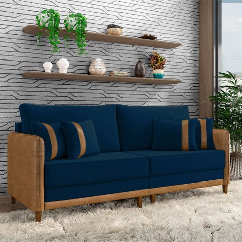 Sofá Montecarlo 3 Lugares 232cm Veludo/pu Azul/caramelo