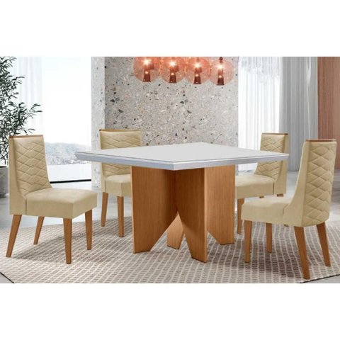 Conjunto: Mesa Sala Jantar Nevada C/ Tampo Madeirado C/ Vidro Canto Curvo 90x90cm e 4 Cadeiras Dafne