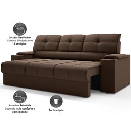 Sofá com Porta Copos Retrátil e Reclinável Tom 2,05m Velosuede - Netsofas - Marrom - 3