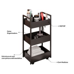 Carrinho Auxiliar para Salão de Beleza Laís 50cm em Aço com Rodízios Preto - Desk Design - 3