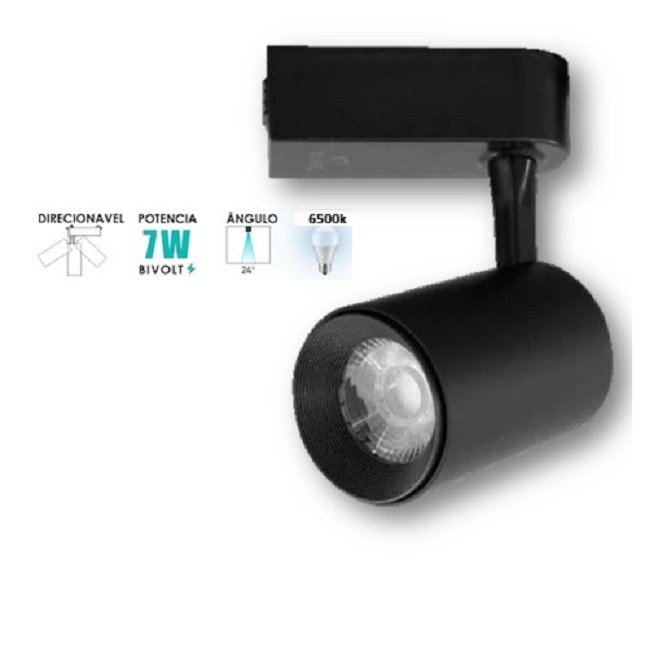 Spot Para Trilho Eletrificado Preto Led 7w 6500k Luz Bco Frio