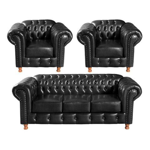 Conjunto De Sofá 3 Lugares E 2 Poltronas Chesterfield Luís Xv - Couríssimo Preto