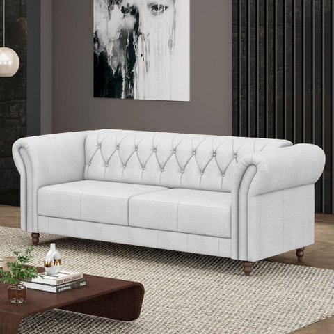 Sofá Living Sala de Estar Stanford Chesterfield 2 Lugares 180cm Pés de Madeira Couro Branco G58 - Gr