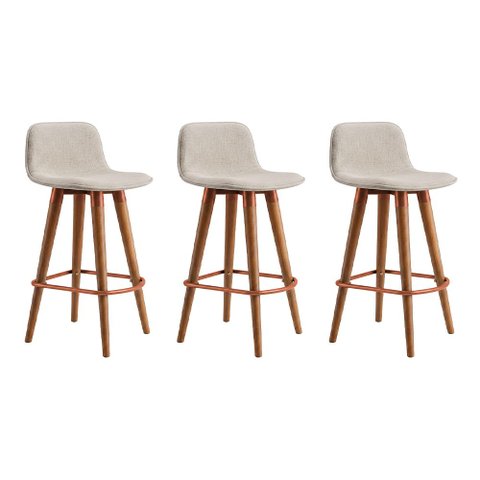 Kit 3 Banquetas Linea Baixa Luxo Estrutura Aço Cobre Assento Linho para Cozinha Ilha - Cobre/Palha