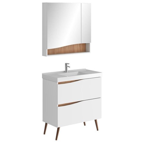Conjunto Banheiro Gabinete com Pés Lavatório 80cm e Armário Evie B06 Branco Tau - Lyam Decor