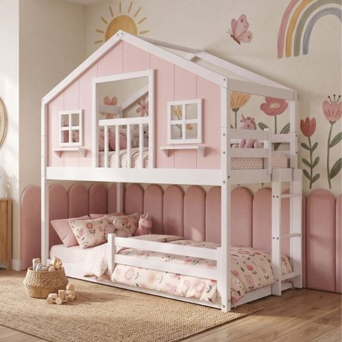 Beliche Infantil Montessoriano com Varanda e Grade Proteção Casinha Dos Sonhos Madeira Maciça