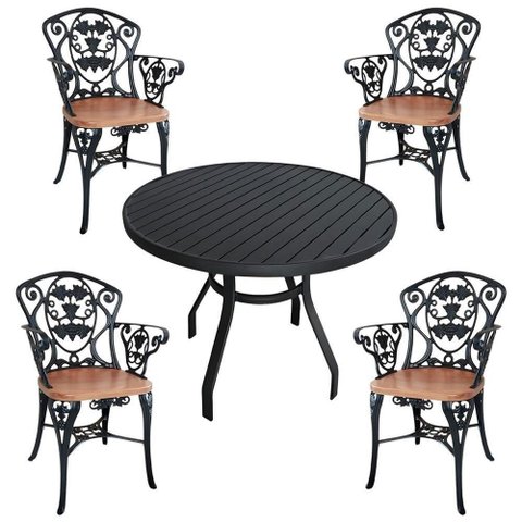4 Cadeiras e Mesa Tampo Ripado Aluminio para Cozinha Jantar Piscina Jardim Preto