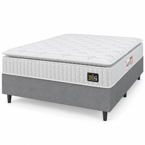 Cama Box Colchão Casal Espuma D45 Lazio Pillow Top 138x188x67cm Branco / Cinza Hellen