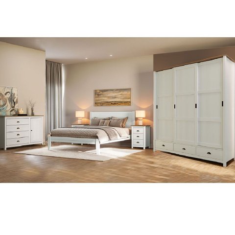 Conjunto Quarto Topázio Branco: Guarda-roupa 3 Portas Correr, Cômoda, Cama Casal e 2 Mesas Cabeceira