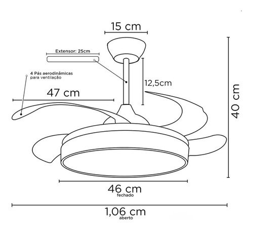 Ventilador Teto Controle Remoto Led 3 Cores 4 Pás Retrátil:preto - 13