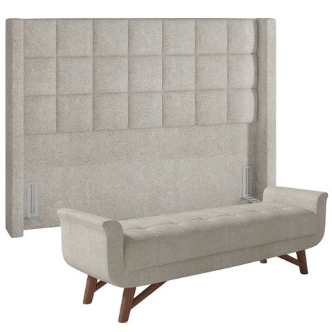Kit Cabeceira Cama Box Paris 140 Cm com Puff Recamier Itália P05 Bouclê Creme - Lyam Decor Paris & I