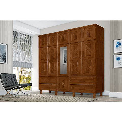 Guarda Roupa Casal com Espelho Madeira Maciça Castanho Chicago