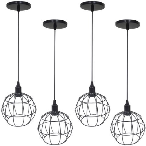 4 Pendentes Aramado Globo Luminária Lustre Luxo Teto Retrô Vintage Preto Agp Ilumini Industrial