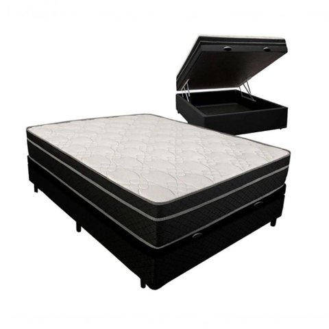 Cama Box Baú Viúva 128 Tecido Preto com Colchão Paris de Molas Preto 67x128x188