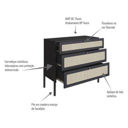 Cômoda 3 Gavetas Palhinha Pé Madeira 27934 Oslo Artesano - Nero/preto - 4