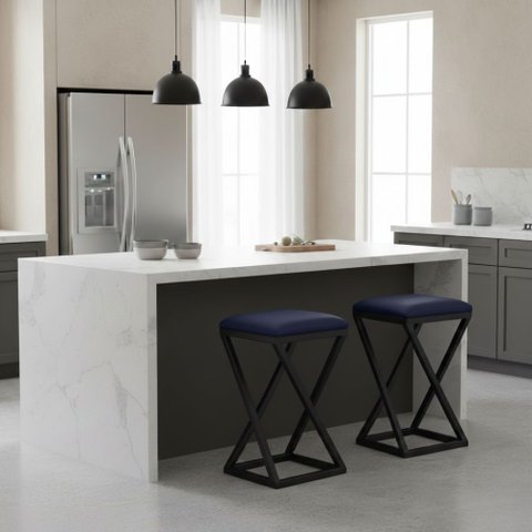 Kit 2 Banqueta Baixa Cozinha 50 Cm Balcão Bar Gourmet Corino:azul Marinho