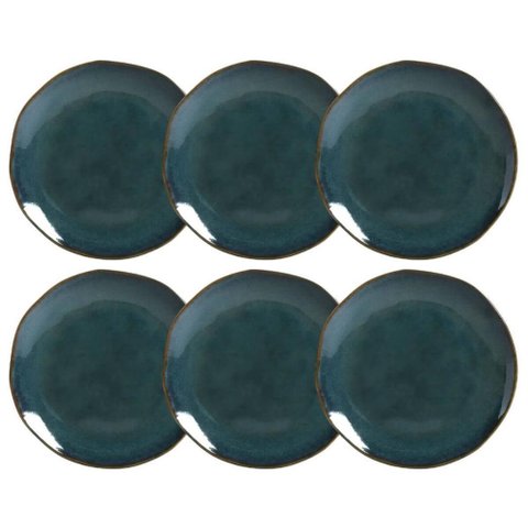 Jogo 6 Pratos de Sobremesa 19,5cm Orgânico Azul Oceano Bolo Torta Porto Brasil Mesa Posta